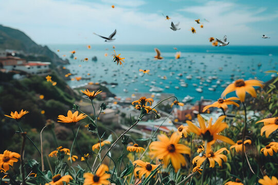 海邊黃花盛開，海鷗飛翔