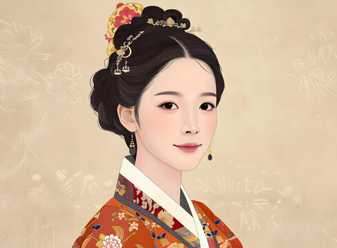 身穿韓國傳統(tǒng)服飾的年輕韓國女性肖像