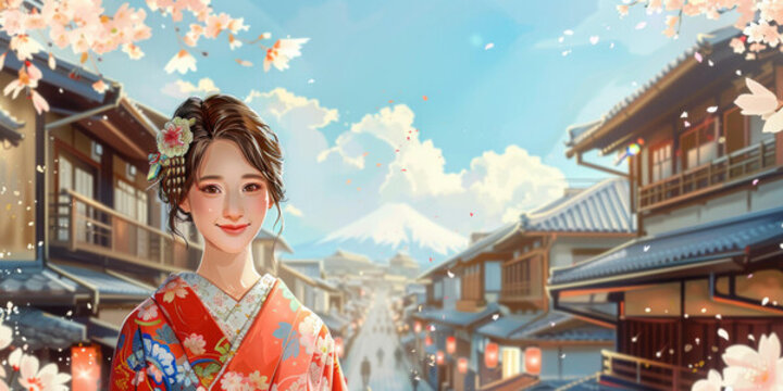 櫻花盛開的富士山下穿著和服的女子