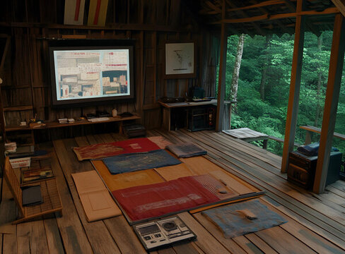 木質(zhì)小屋內(nèi)景，地板上鋪著地毯，窗外是綠色的森林
