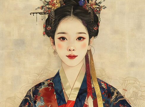 身穿韓國(guó)傳統(tǒng)服飾的年輕女子肖像