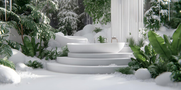 雪地森林中的白色浴缸 極簡(jiǎn) 3D 插畫(huà)