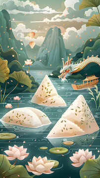 粽子與龍舟競渡插畫