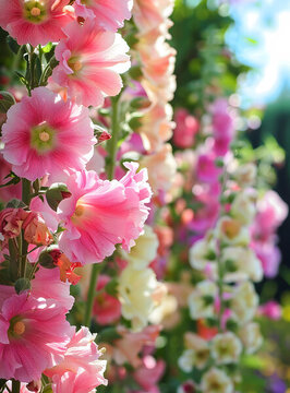 夏季花園里盛開(kāi)的粉色蜀葵花