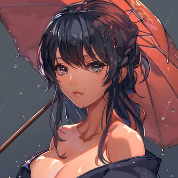 雨中撐傘的動(dòng)漫少女