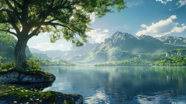 奇幻風(fēng)景與高山湖泊和樹木