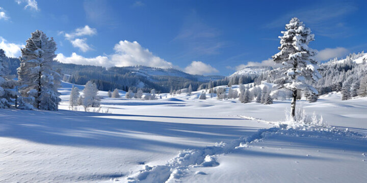雪地松樹(shù)和腳印的冬季景觀