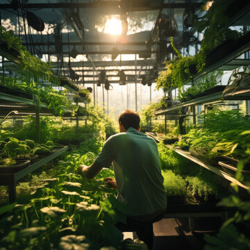 一名男性植物學家正在溫室里工作