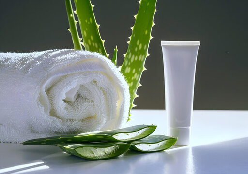 蘆薈植物，白色毛巾和白色桌子上的一支護(hù)膚霜