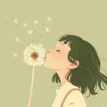 女孩吹蒲公英插畫
