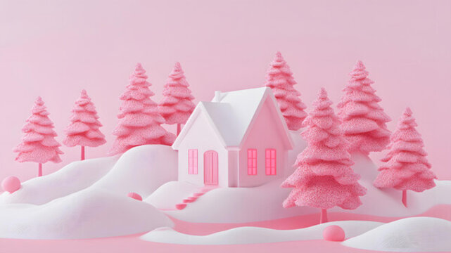 粉色極簡(jiǎn)主義風(fēng)格的雪地森林小屋3D插畫(huà)