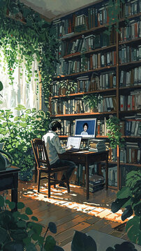 一個人坐在圖書館里周圍擺滿了書架和植物