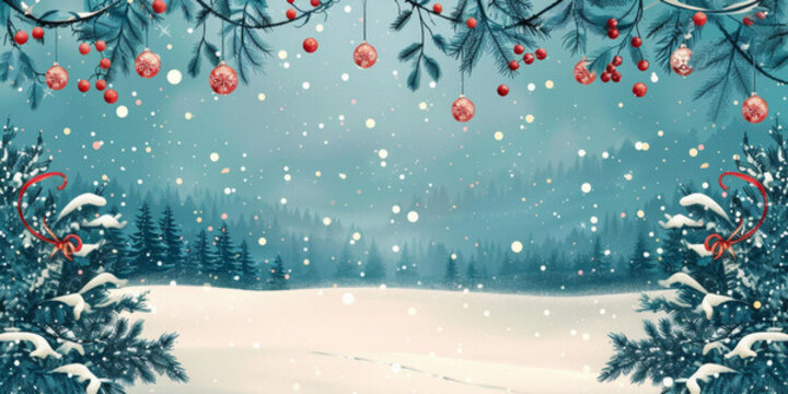 飄雪的圣誕節(jié)景觀，松樹和紅色裝飾品