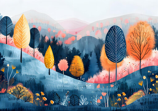奇幻的秋天森林風(fēng)景插畫