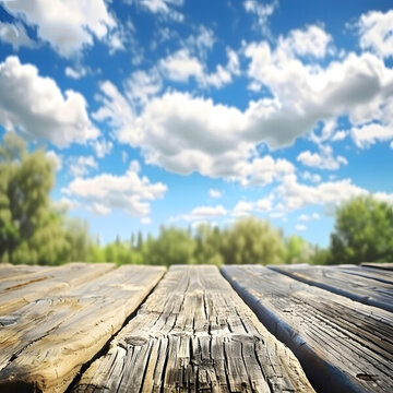 木質(zhì)桌面 藍(lán)天白云背景