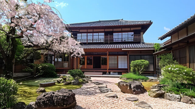 日式庭院的櫻花盛開(kāi)