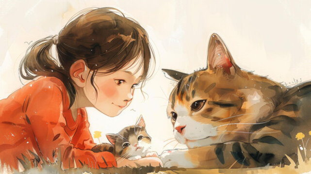 一個(gè)小女孩和一只貓和一只小貓的插圖