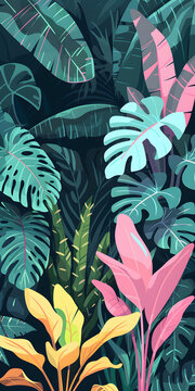 熱帶植物葉子綠色粉色黃色背景插畫