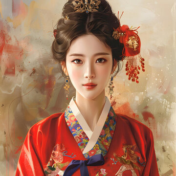 身穿韓國傳統(tǒng)服飾的韓國美女畫像