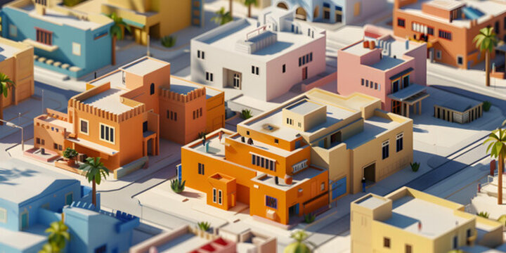 低多邊形3D城市景觀渲染插畫