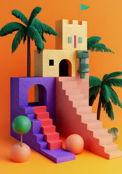 抽象彩色建筑與棕櫚樹的3D插畫