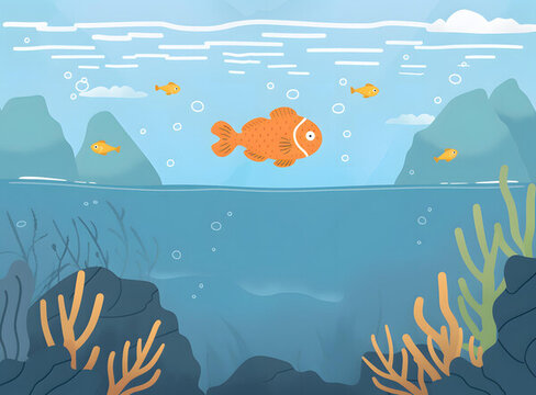 卡通魚兒在珊瑚礁中游泳的插畫