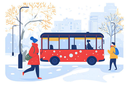 冬天城市公交車站插畫