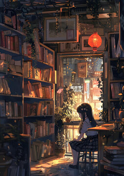 夜晚書店窗邊看書的女孩
