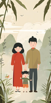 亞洲家庭肖像插畫，父母和孩子站在綠色田野里