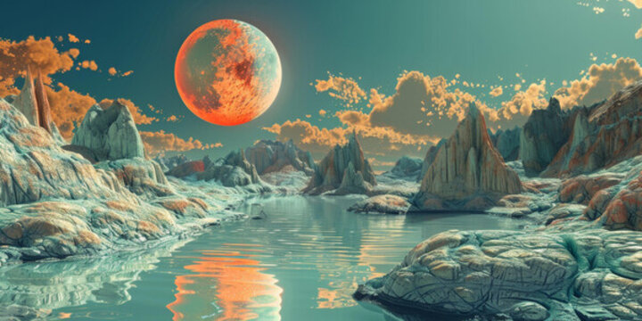 水星球?qū)庫(kù)o風(fēng)景與紅色巨月