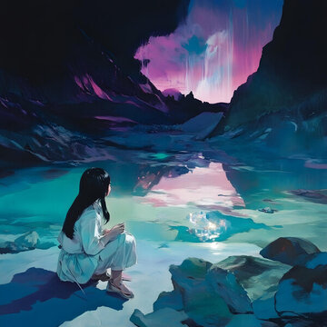 少女坐在湖邊，山脈和粉色天空作為背景