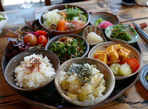 日式料理拼盤，米飯和蔬菜