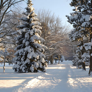 白雪皚皚的公園，小路穿過樹林