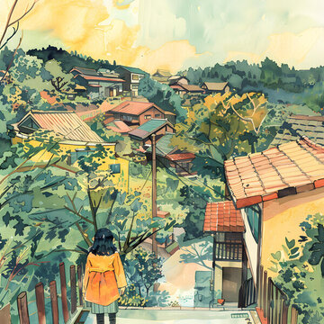 水彩畫插畫，女孩站在山坡上的村莊前
