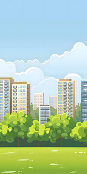 卡通城市景觀插畫(huà)，綠色樹(shù)木和建筑