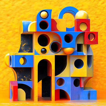 彩色幾何圖形構建的抽象建筑3D插畫