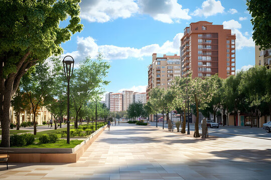 現(xiàn)代城市街景，行人走在人行道上