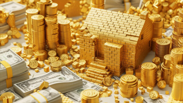 一座金房子坐落在成堆的金幣上