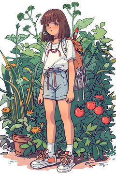 女孩背著背包站在花園里插畫