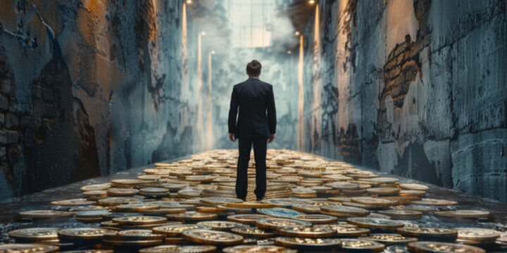 一位商人走在鋪滿金幣的隧道中