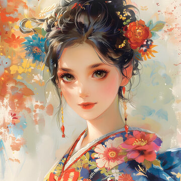 一個(gè)身穿和服、頭戴鮮花的美麗亞洲女人的插圖