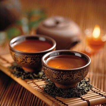兩只茶杯放在竹席上背景中有一支點(diǎn)燃的蠟燭