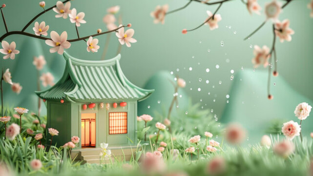 3D渲染的中國(guó)傳統(tǒng)房屋被櫻花包圍