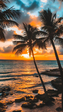 海灘夕陽下的棕櫚樹剪影