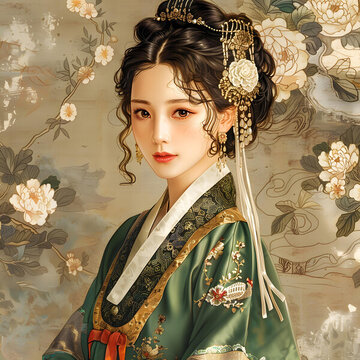身穿韓國傳統(tǒng)服飾的年輕女子肖像