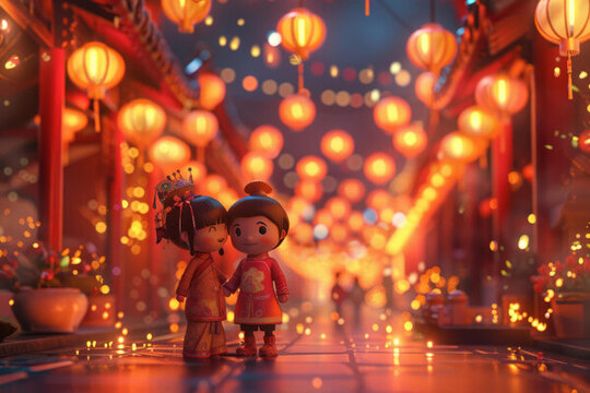 一對幸福的中國夫婦手牽手走在紅燈籠下