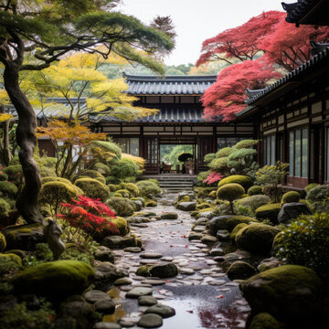 日式庭院紅楓樹(shù)石板小路