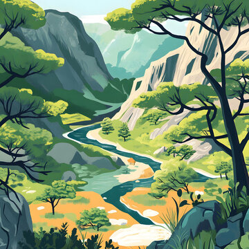 蜿蜒河流穿梭的山谷風景