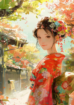 一個(gè)身穿紅色和服的美麗日本女人站在日本的街道上