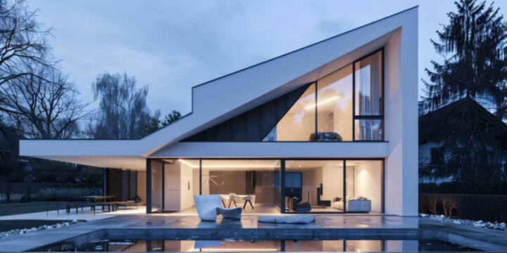 帶有泳池和大型窗戶的現(xiàn)代建筑設(shè)計住宅